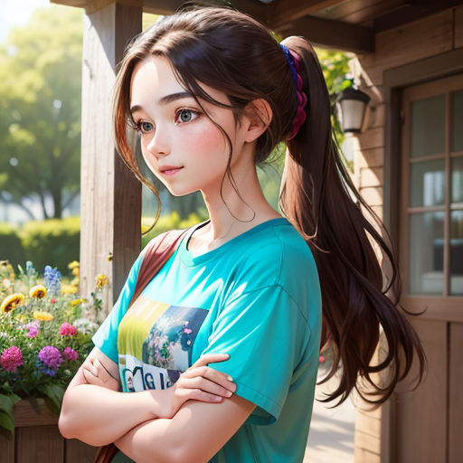 a girl with a ponytail standing in front of a flower garden with her arms crossed and looking at the camera