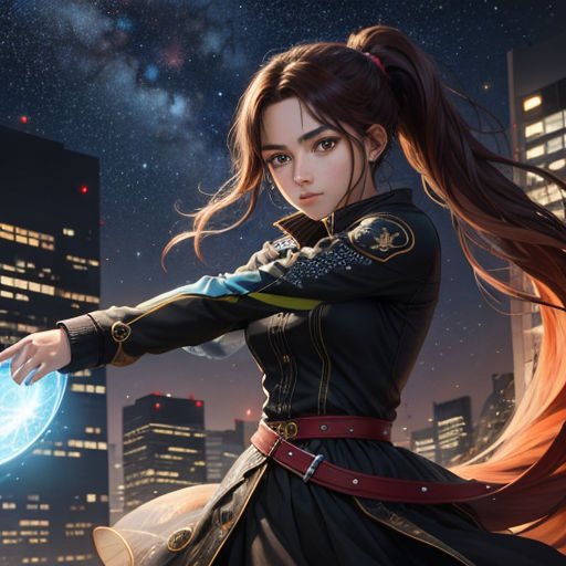 a woman in a black dress holding a blue ball in her hand in front of a cityscape