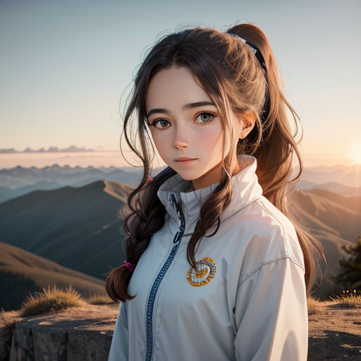 a girl with long hair standing on a mountain top at sunset with mountains in the background and a sun setting