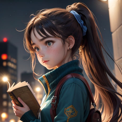a girl with long hair is holding a book in her hands and looking at the camera with a city in the background