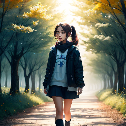 a woman walking down a road in the middle of a forest with trees and flowers on both sides of the road
