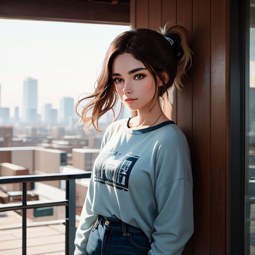 a woman leaning against a wall with a city in the background and a building in the background with a large window
