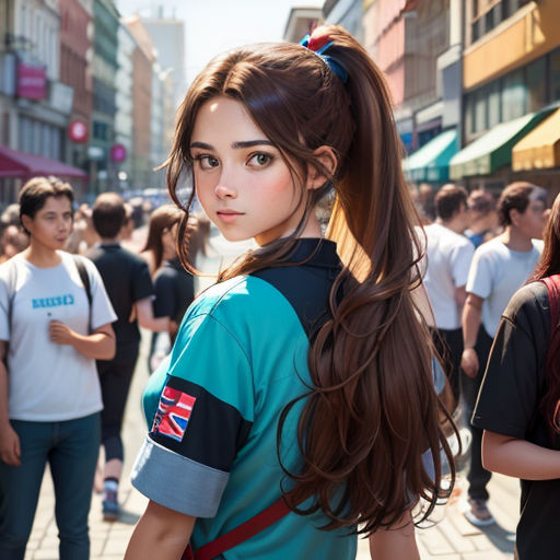 a girl with long hair standing in a crowded street with other people in the background and a woman with a ponytail