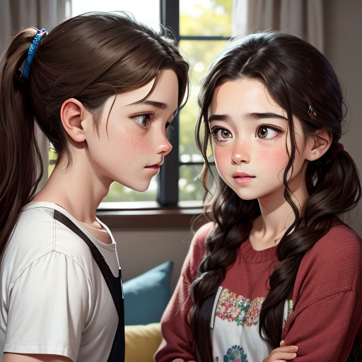 two girls are sitting next to each other in a room with a window and a couch behind them, one of them is looking at the other