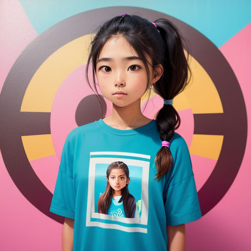 a young girl with a ponytail standing in front of a colorful wall with a picture of her face on it