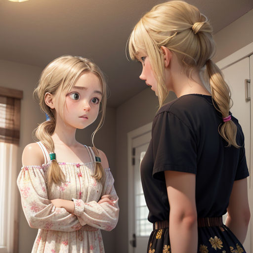 a girl and a girl standing in a room with a mirror in the background and a light on the ceiling