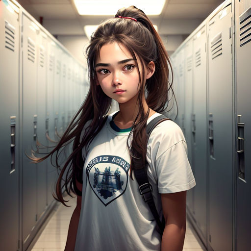 a girl standing in a hallway with a backpack on her shoulder and a backpack on her shoulder, in front of a row of lockers