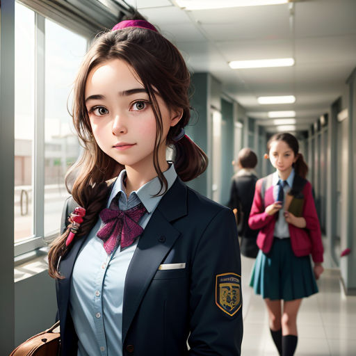 a girl in a school uniform standing in a hallway with other girls in the background looking out the window
