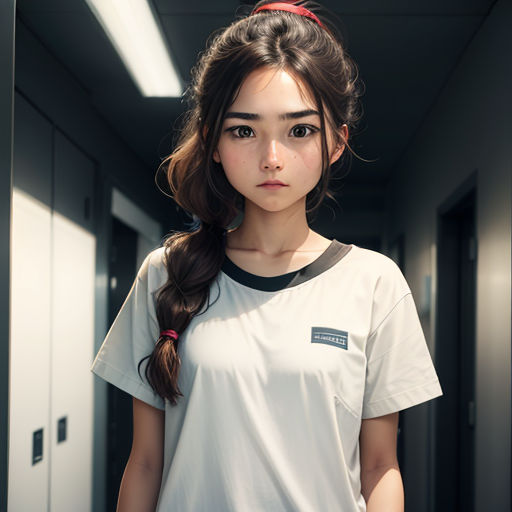 a woman standing in a hallway with a ponytail in her hair and a white shirt with a black collar
