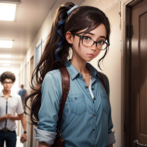 a girl with glasses and a ponytail standing in a hallway with a man behind her and a door with a door handle