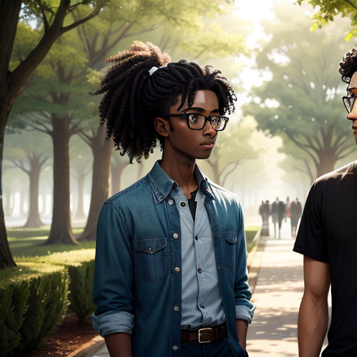 two men standing next to each other in a park with trees and grass in the background, one wearing glasses and the other wearing a blue shirt