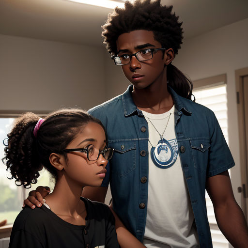 a man and a young girl are standing together in a room with a window and a door behind them