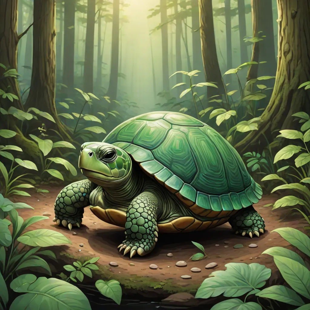 a painting of a turtle in a forest with green leaves and a sunbeam in the background, with a path leading to it, a digital painting, Brom, fantasy art, magic the gathering artwork