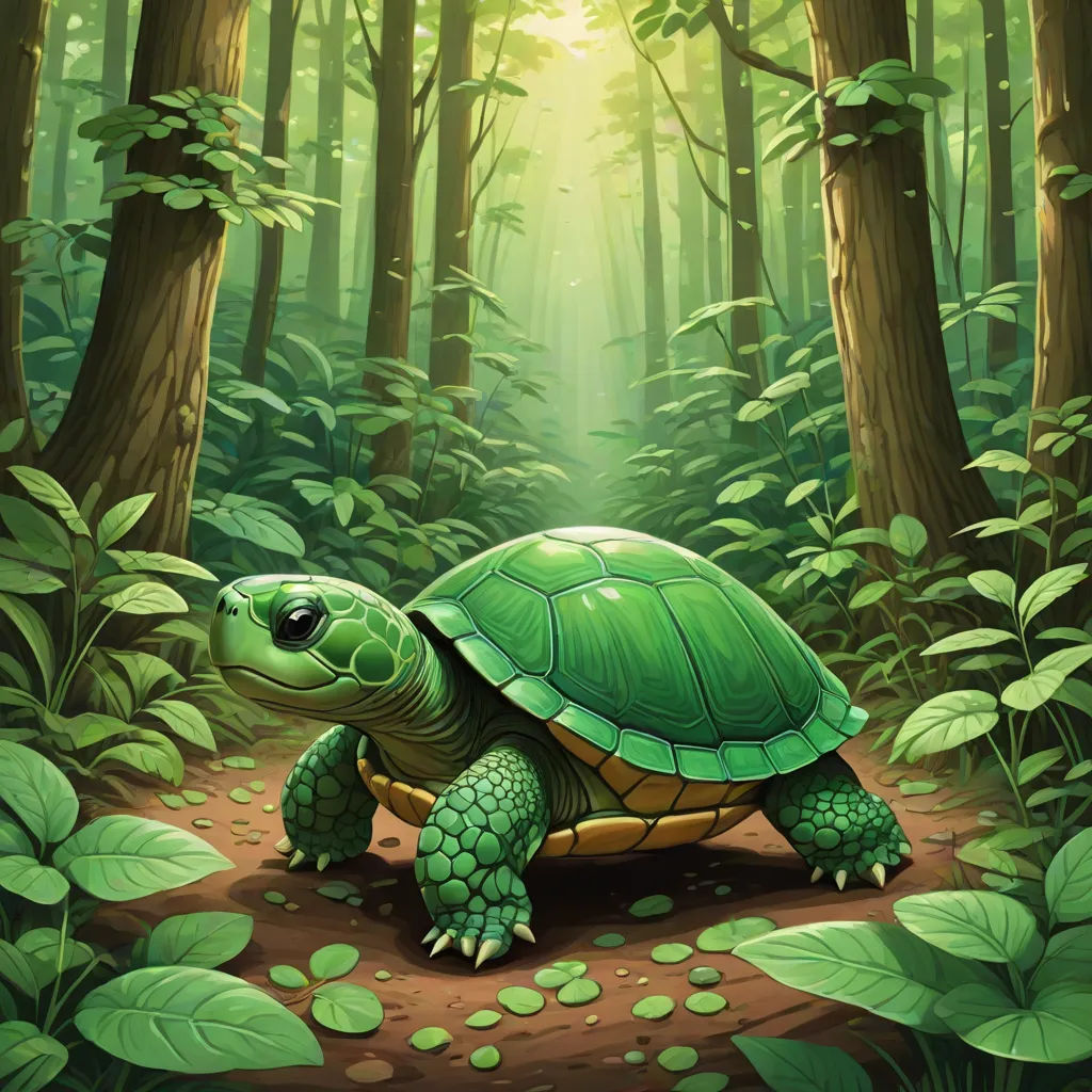 a green turtle in the middle of a forest with sunbeams and leaves on the ground and a path leading to it, a digital painting, Chris LaBrooy, fantasy art, magic the gathering artwork