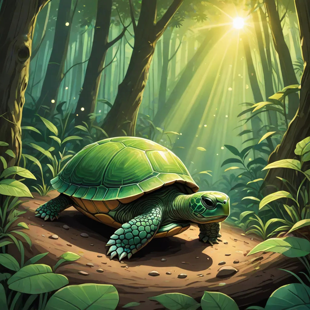a turtle is walking through the forest on a path with sunbeams behind it and leaves on the ground, a storybook illustration, Chris LaBrooy, fantasy art, magic the gathering artwork
