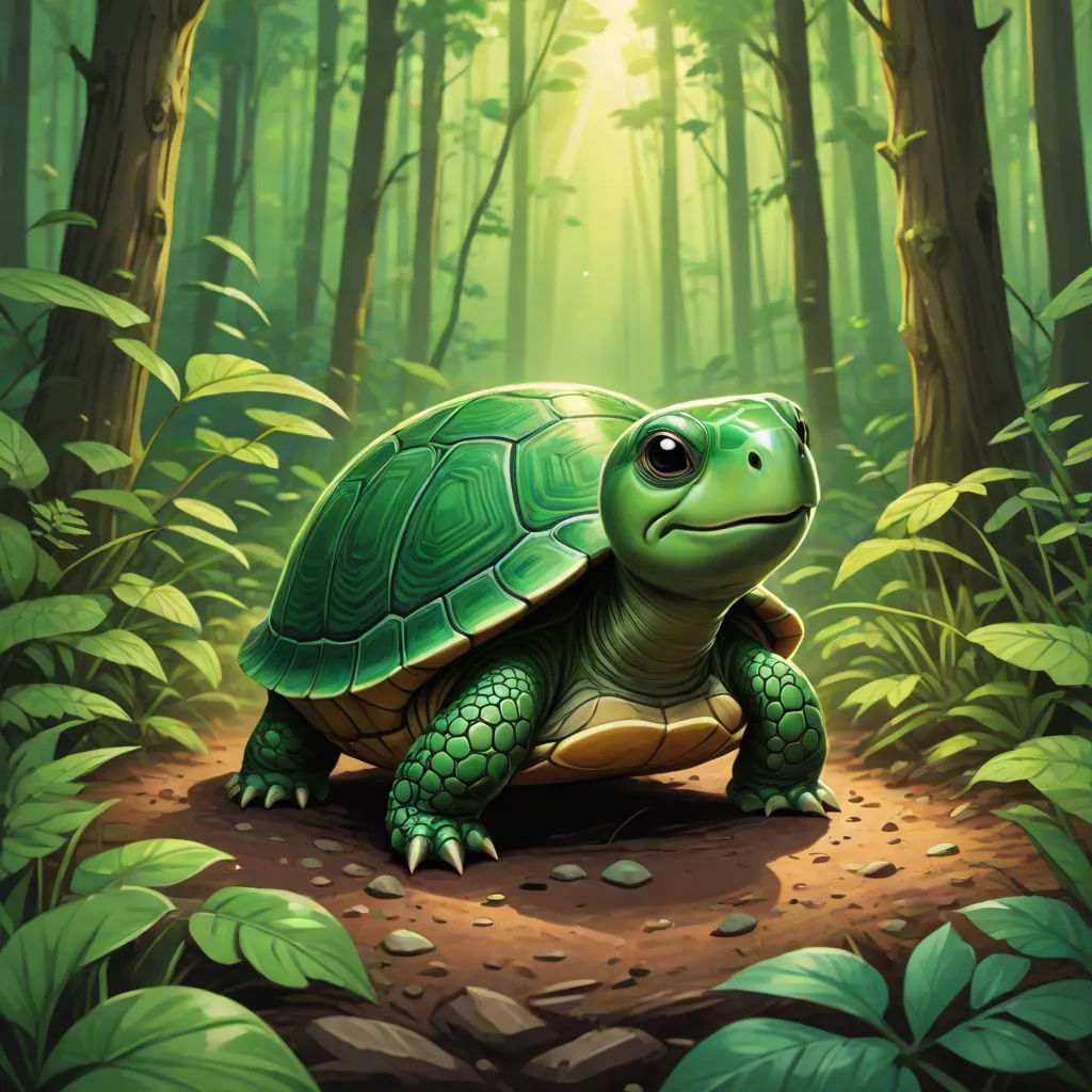a green turtle sitting on a dirt path in a forest with green leaves and trees around it, with a bright light shining on the top of the turtle, a digital painting, Chris LaBrooy, sots art, magic the gathering artwork