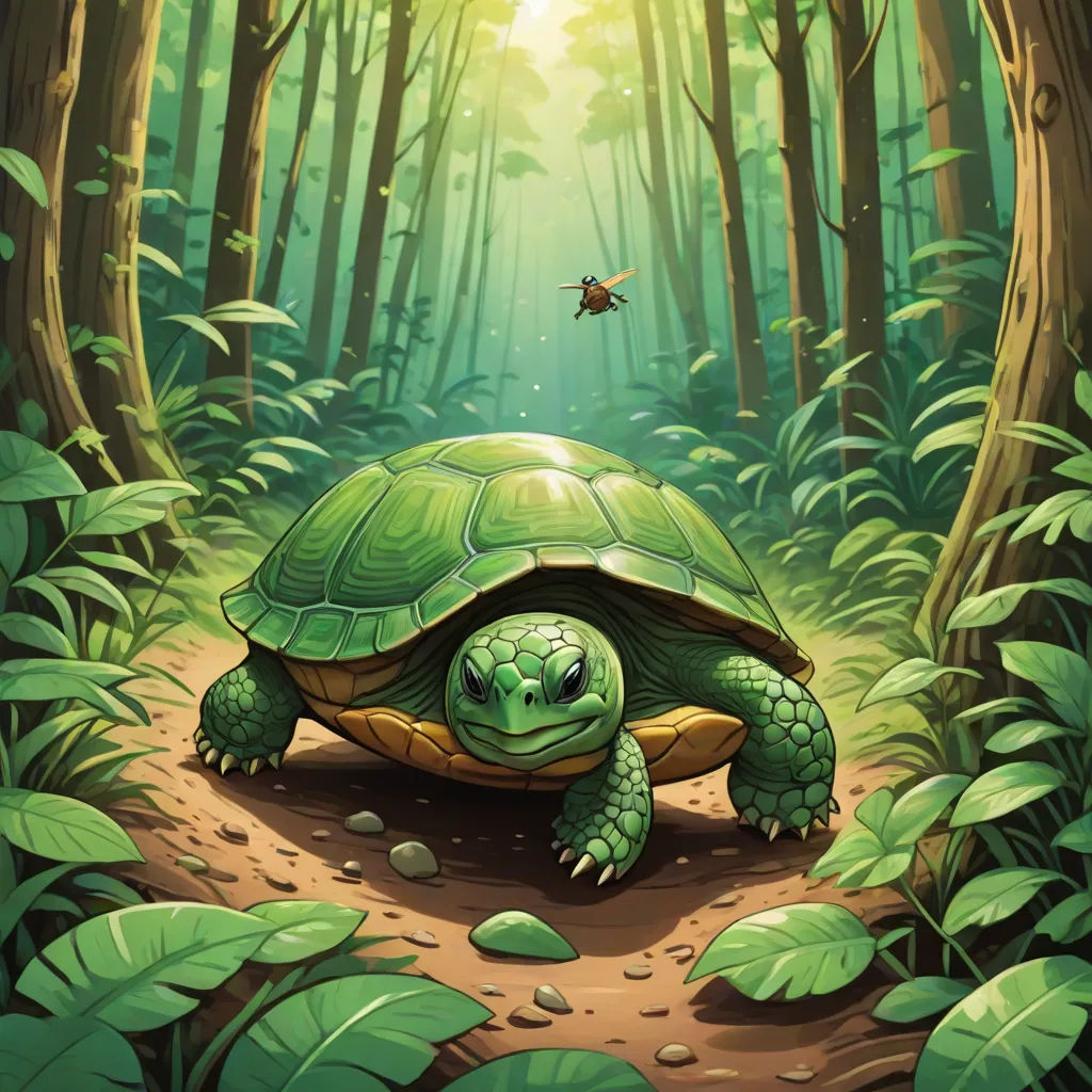 a turtle is walking through the forest with a butterfly flying above it's head and a trail leading to it, a storybook illustration, Chris LaBrooy, fantasy art, magic the gathering artwork