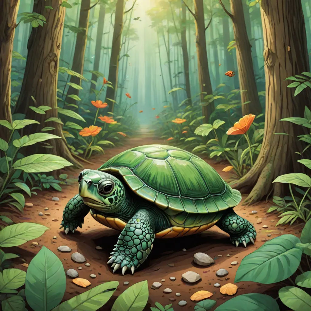 a painting of a turtle in a forest with leaves and flowers on the ground and a path leading to the turtle, a storybook illustration, Chris LaBrooy, fantasy art, magic the gathering artwork