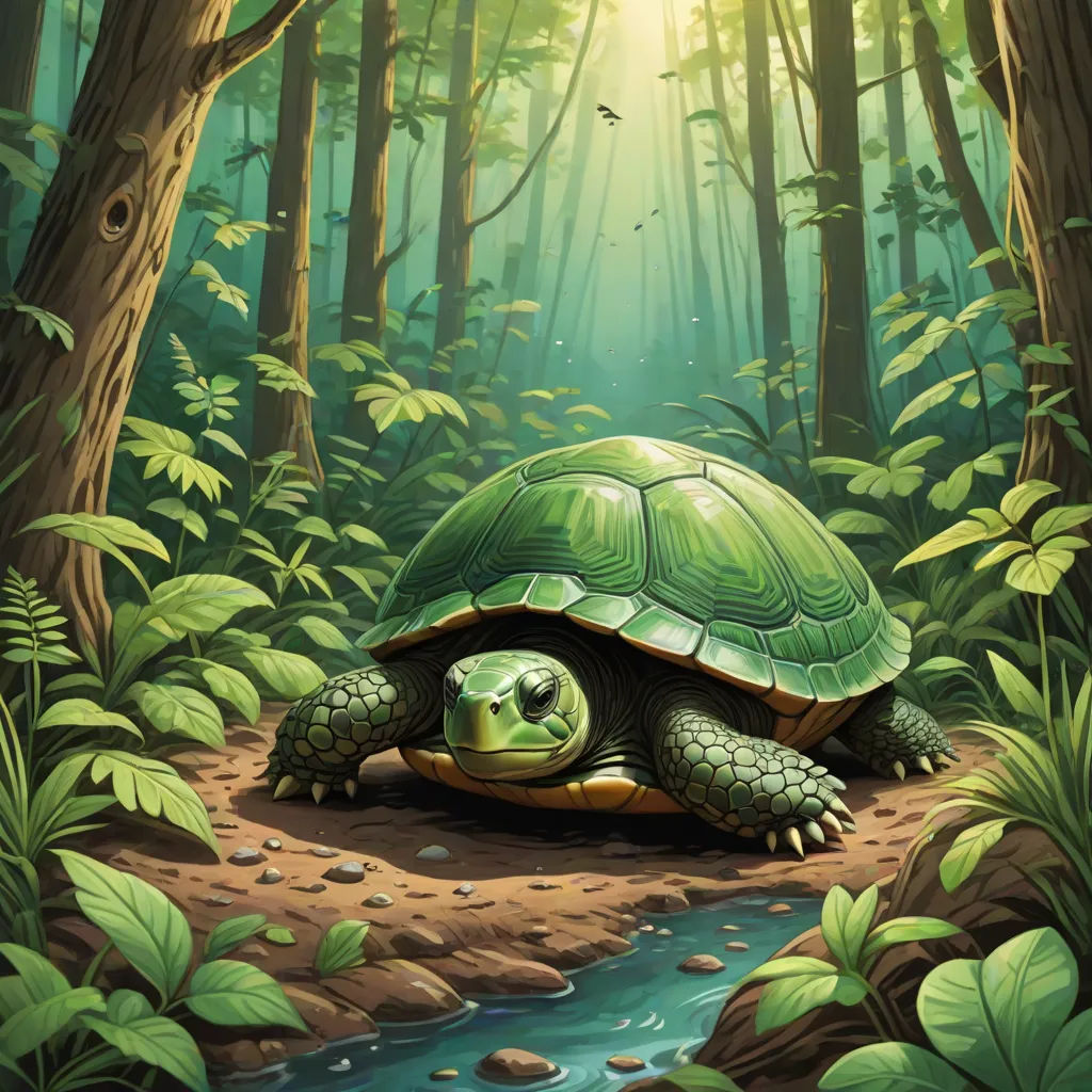 a painting of a turtle in a forest with a stream running through it's habitat, with the sun shining through the trees, a storybook illustration, Chris LaBrooy, fantasy art, magic the gathering artwork
