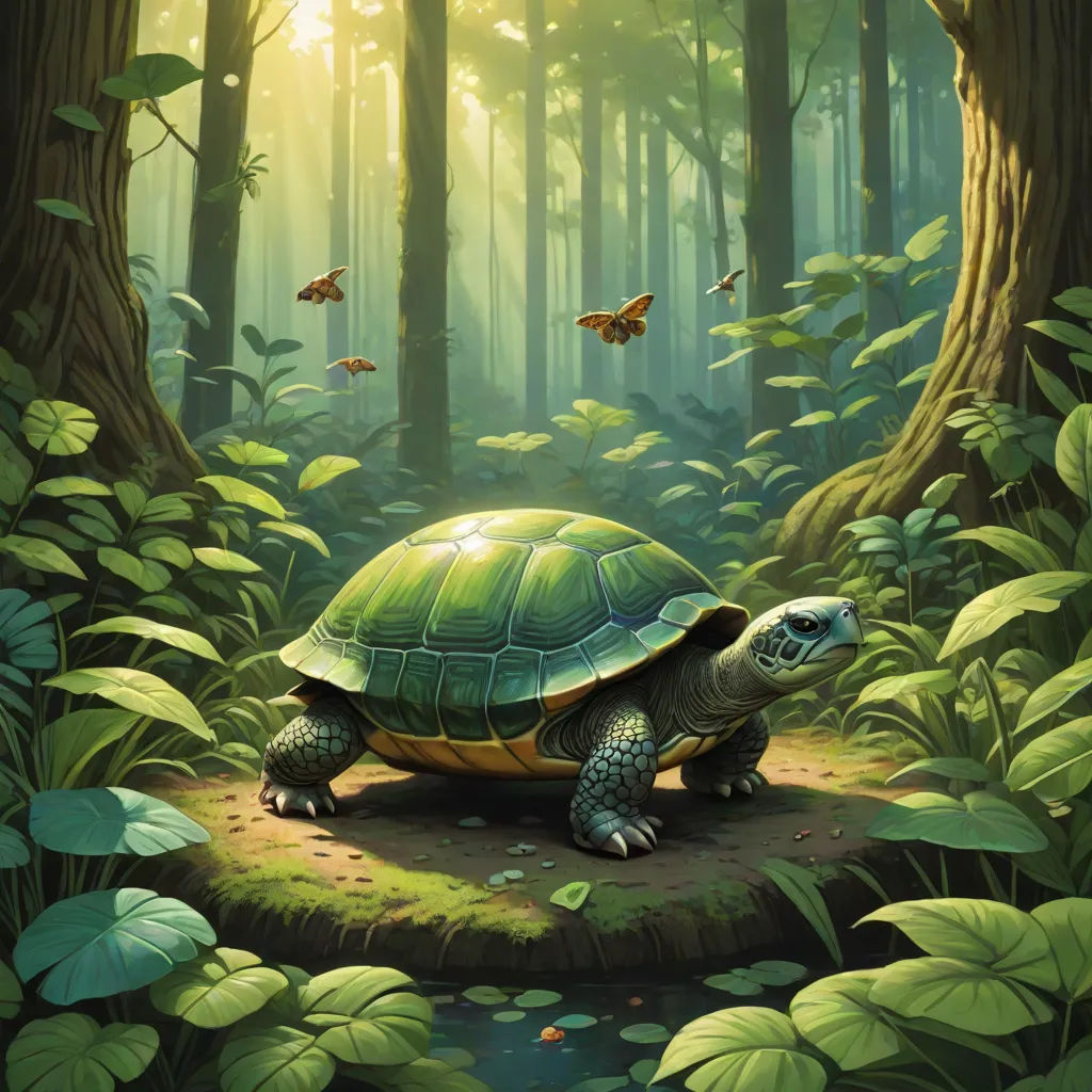 a painting of a turtle in a forest with butterflies flying overhead and a sunbeam in the background with a path leading to it, a storybook illustration, Chris LaBrooy, fantasy art, magic the gathering artwork