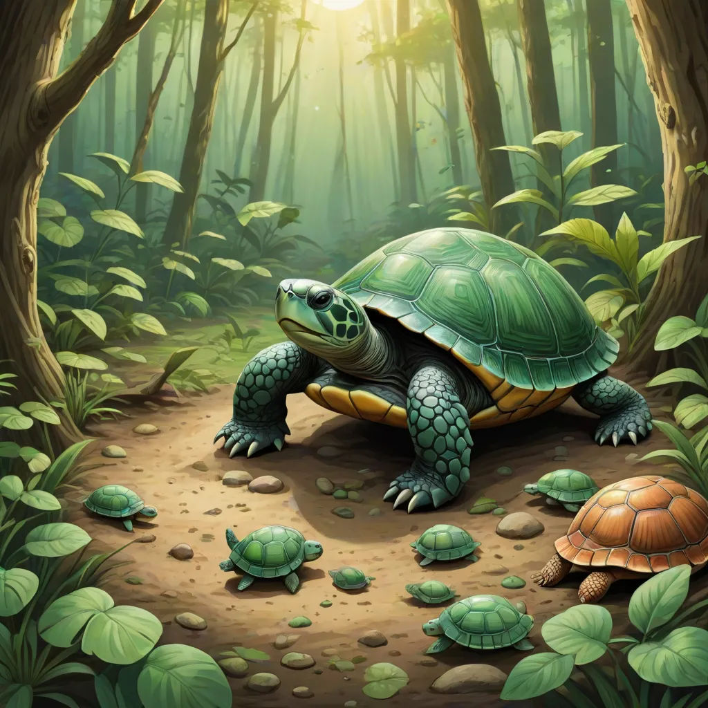 a painting of a turtle and two turtles in a forest with sun shining through the trees and leaves on the ground, a storybook illustration, Chris LaBrooy, fantasy art, magic the gathering artwork
