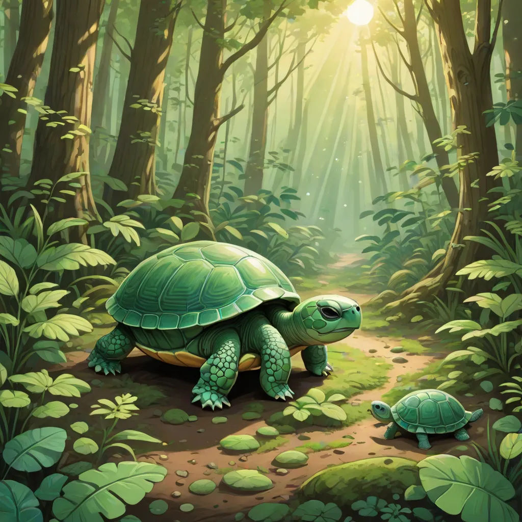 a painting of a turtle and its baby in a forest with sunbeams and leaves on the ground, a storybook illustration, Chris LaBrooy, fantasy art, official art