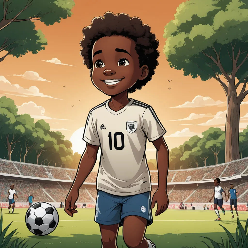 a cartoon boy in a soccer uniform is playing soccer in a stadium with a ball in his hand and people in the stands, magical realism, a storybook illustration, Chris LaBrooy, comic cover art