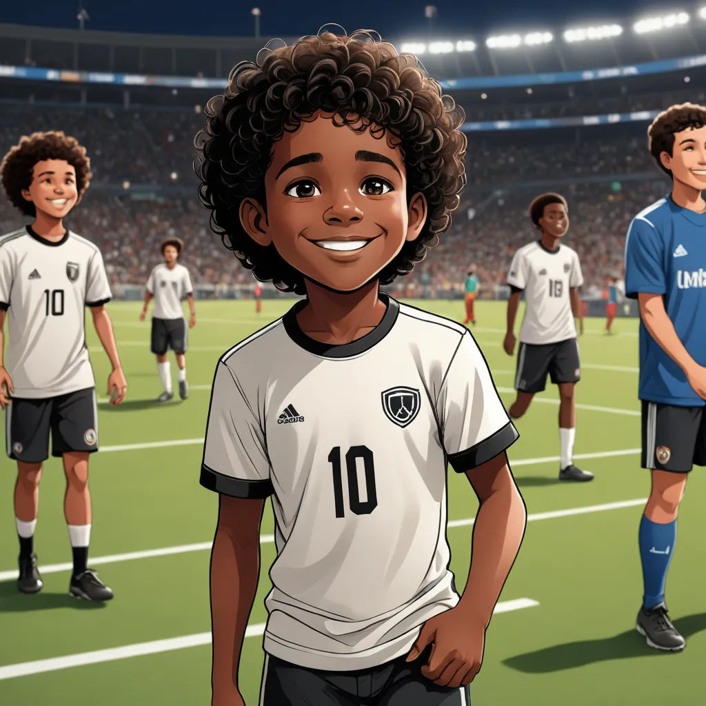 a cartoon of a boy in a soccer uniform standing in front of a group of other boys in a stadium, american scene painting, a storybook illustration, Chris LaBrooy, official art