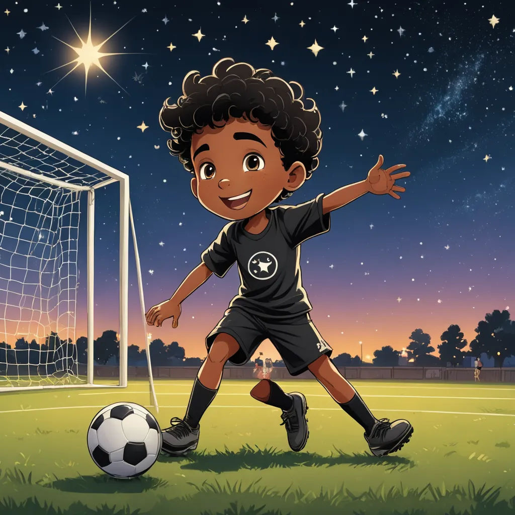 a cartoon boy kicking a soccer ball on a field at night with stars in the sky above him and a soccer ball in the grass, space art, a storybook illustration, Fabien Charuau, storybook illustration