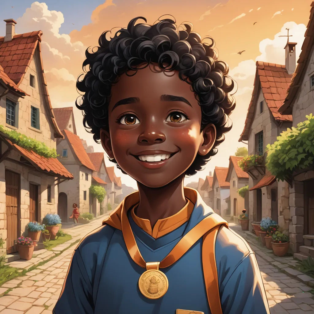 a young boy with a medal on his neck standing in front of a village street with houses and trees, american scene painting, a storybook illustration, Cedric Seaut (Keos Masons), comic cover art