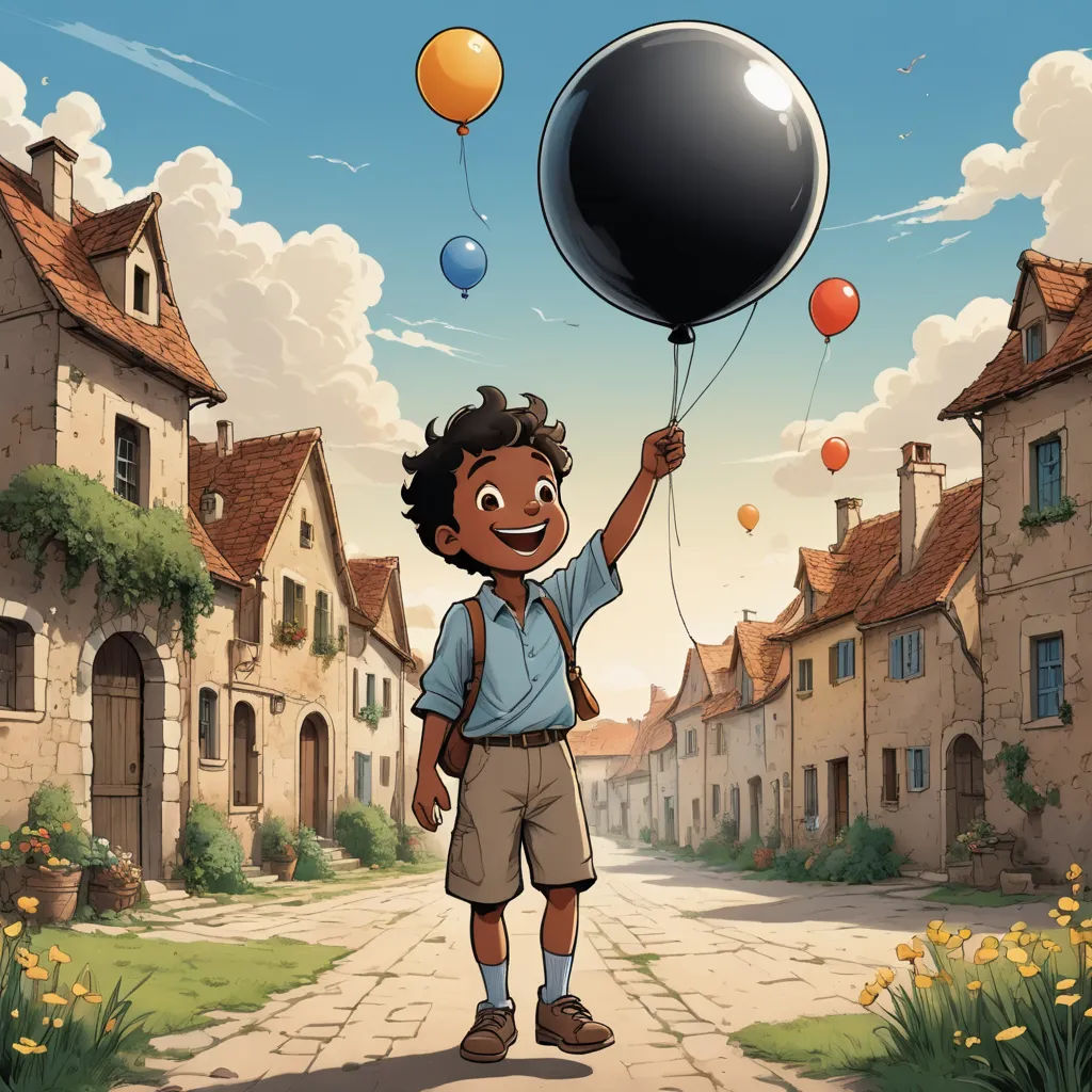 a boy holding a black balloon in a village street with houses and flowers in the background, with a sky background, magical realism, a storybook illustration, Chris LaBrooy, official art