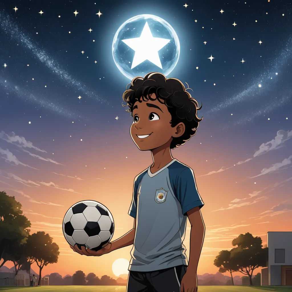 a boy holding a soccer ball in front of a star and sky with a crescent above him and a star above him, magical realism, a storybook illustration, Americo Makk, stars