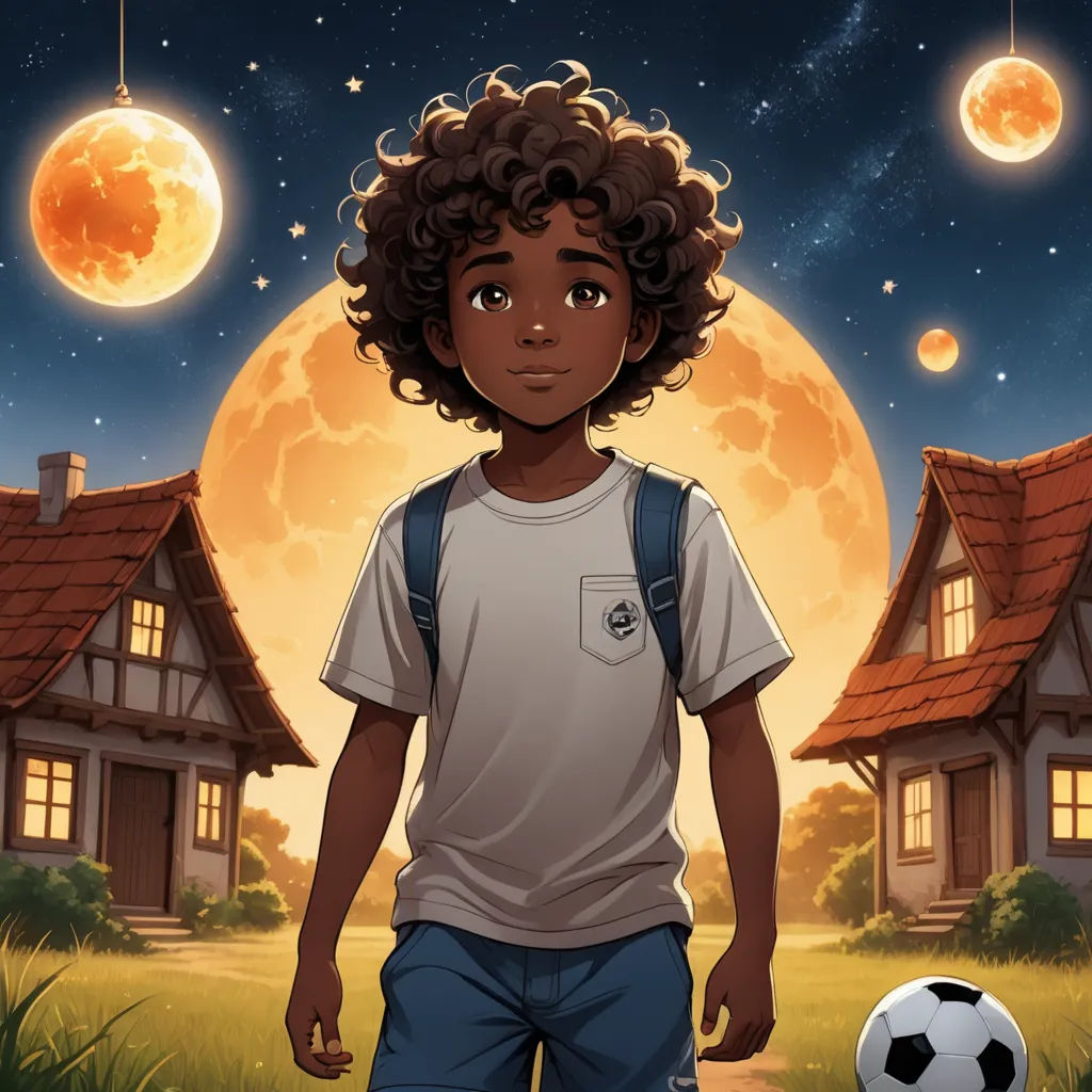 a boy is standing in front of a house with a soccer ball in front of him and a full moon in the background, space art, a storybook illustration, Cedric Seaut (Keos Masons), comic cover art
