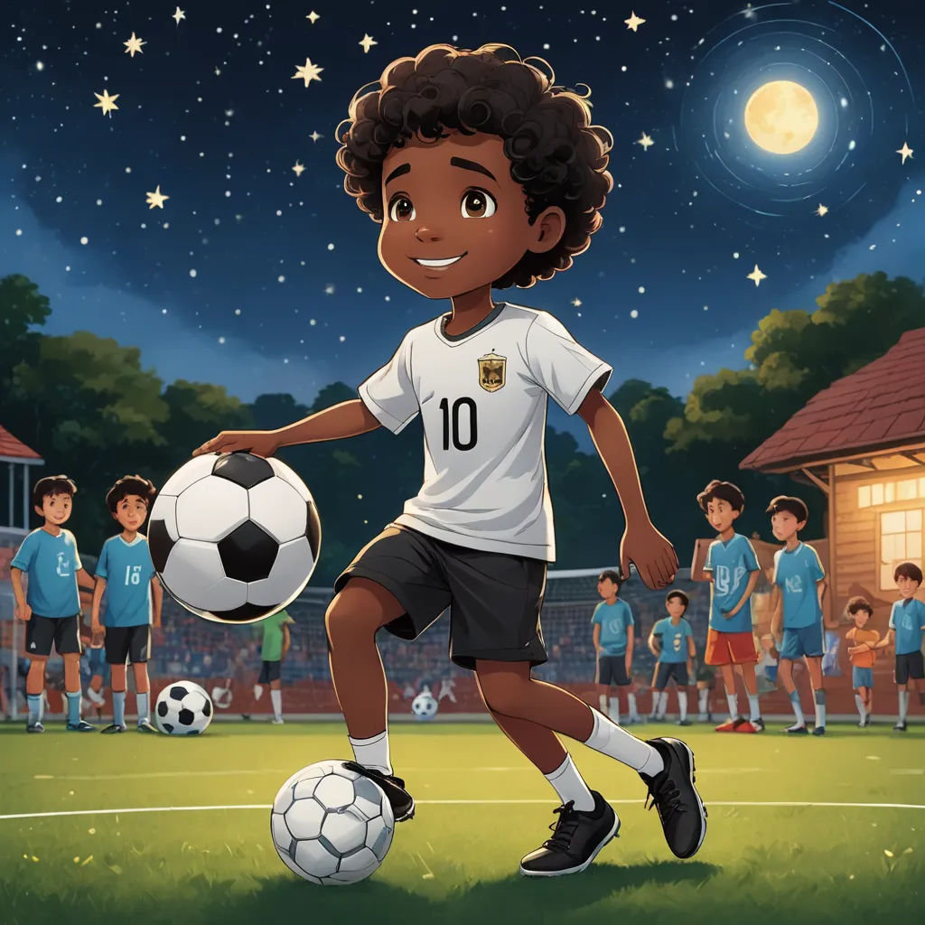 a boy is playing soccer in front of a crowd of people on a field at night with a soccer ball, magical realism, a storybook illustration, Fathi Hassan, storybook illustration