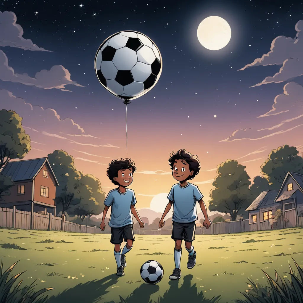 two young boys are playing soccer in a field at night with a ball flying above them and a full moon in the sky, magical realism, a storybook illustration, Chris LaBrooy, book cover