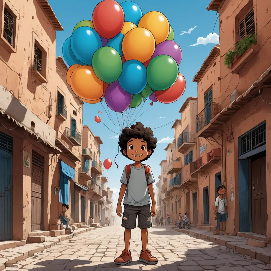 a boy holding a bunch of balloons in a street with a sky background and a blue sky in the background, photorealism, a storybook illustration, Asaf Hanuka, official art