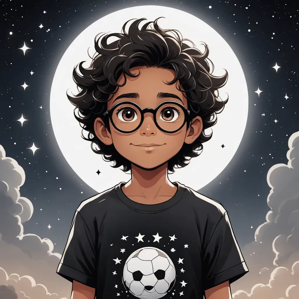a boy with glasses and a soccer ball in front of a full moon with stars and clouds in the background, space art, a character portrait, Cedric Seaut (Keos Masons), character portrait