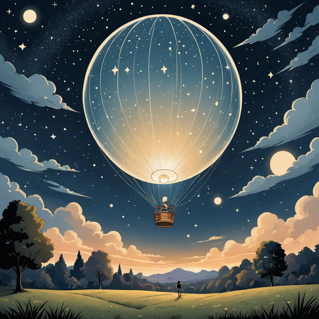 a painting of a person standing on a field under a sky filled with stars and a hot air balloon, magical realism, a storybook illustration, Chris LaBrooy, detailed illustration