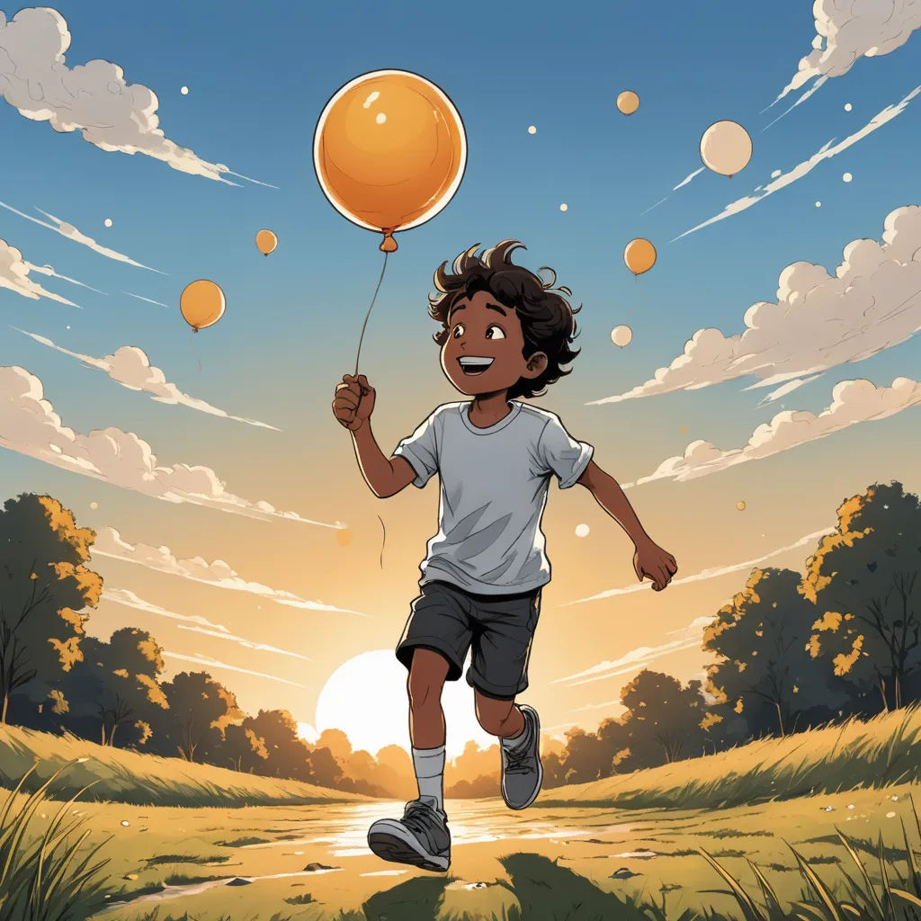 a boy running with a balloon in the air in a field of grass and trees, with the sun behind him, process art, a storybook illustration, Cliff Childs, comic cover art