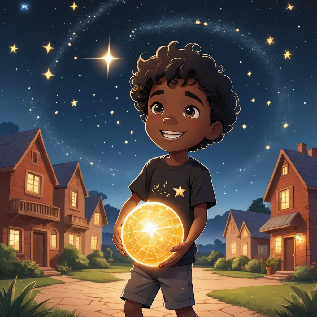 a young boy holding a glowing ball in front of a house at night with stars in the sky above, space art, a storybook illustration, Aaron Jasinski, comic cover art