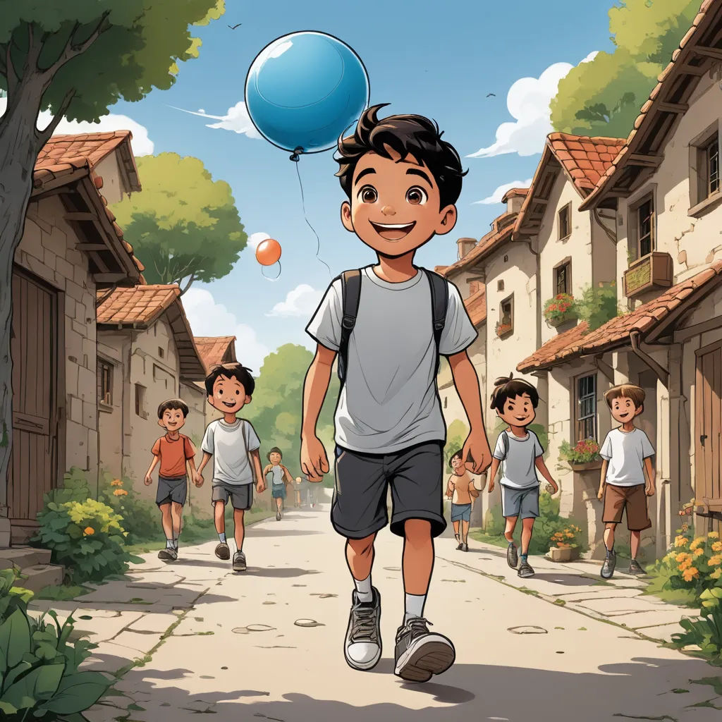 a boy with a blue balloon is walking down the street with other children in the background and a blue balloon is in the air, paris school, a storybook illustration, Diego Gisbert Llorens, official art