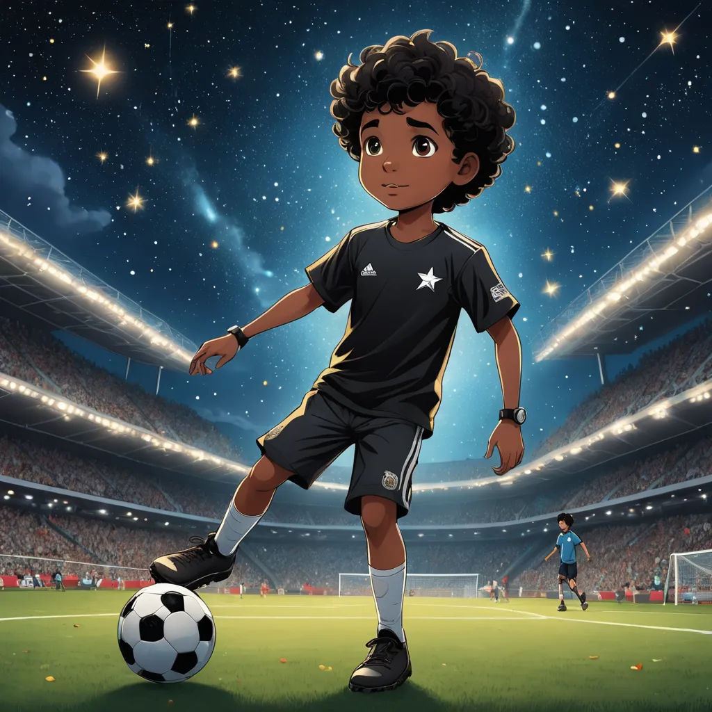 a cartoon boy is kicking a soccer ball in a stadium with stars and lights in the sky above him, space art, a storybook illustration, Diego Gisbert Llorens, stars