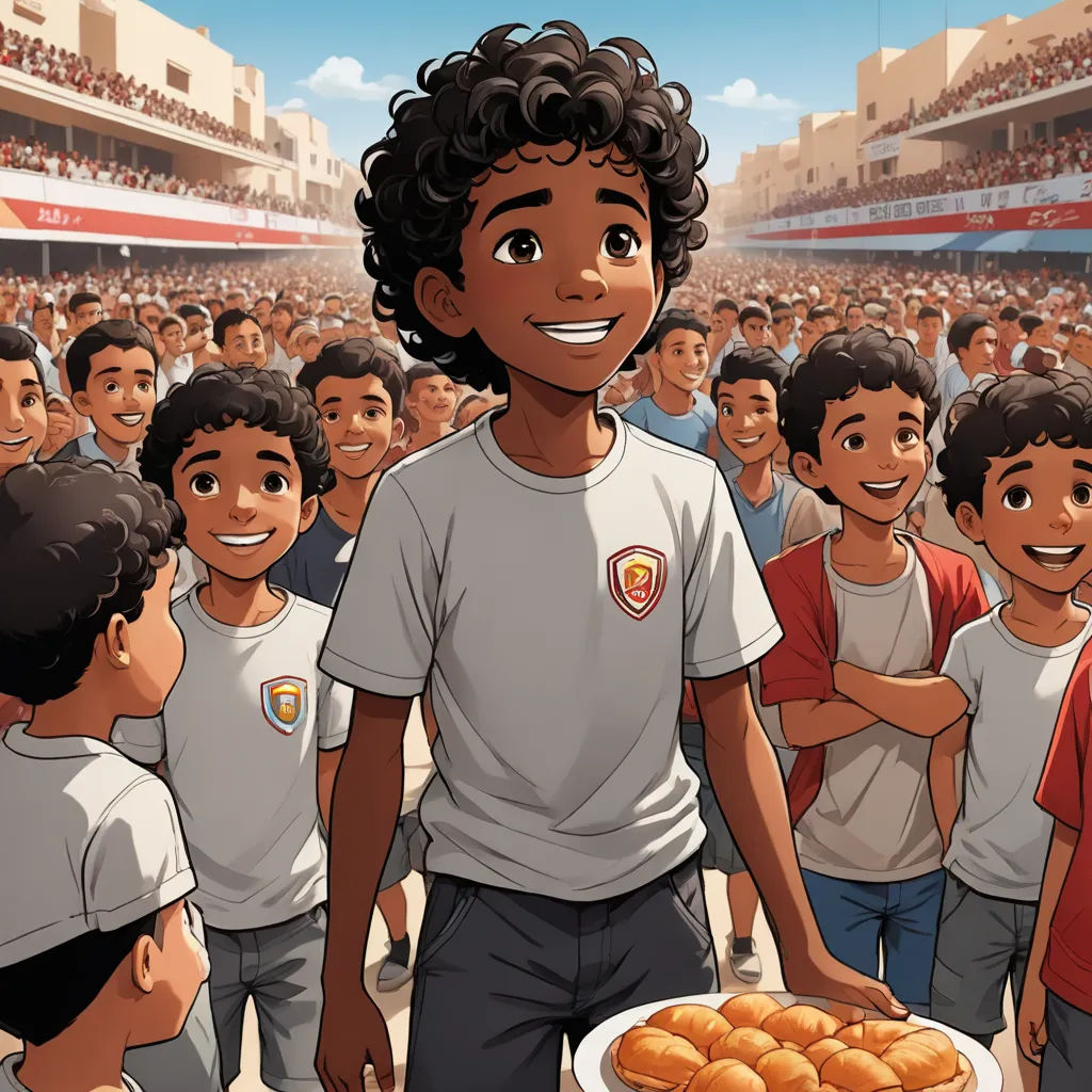 a boy holding a plate of donuts in front of a crowd of people in a stadium with a man standing in front of him, hurufiyya, a storybook illustration, Altoon Sultan, official art