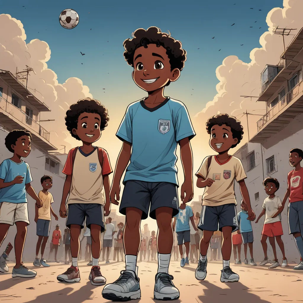 a cartoon of a boy standing in front of a group of children in a street with a soccer ball in the air, serial art, a storybook illustration, Chris LaBrooy, comic cover art