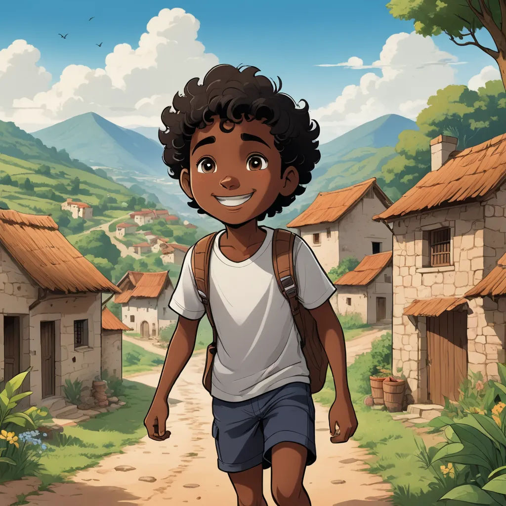 a boy walking down a dirt road in front of a village with a mountain in the background and a village with a few houses, magical realism, a storybook illustration, Cedric Seaut (Keos Masons), comic cover art