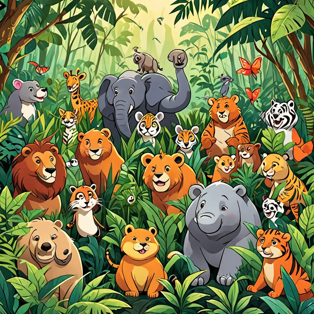 a group of animals in a jungle with trees and plants around them, including a tiger, a bear, a rhino, a rhino, a tiger, a rhino, and a rhino, sumatraism, a storybook illustration, Chris LaBrooy, jungle