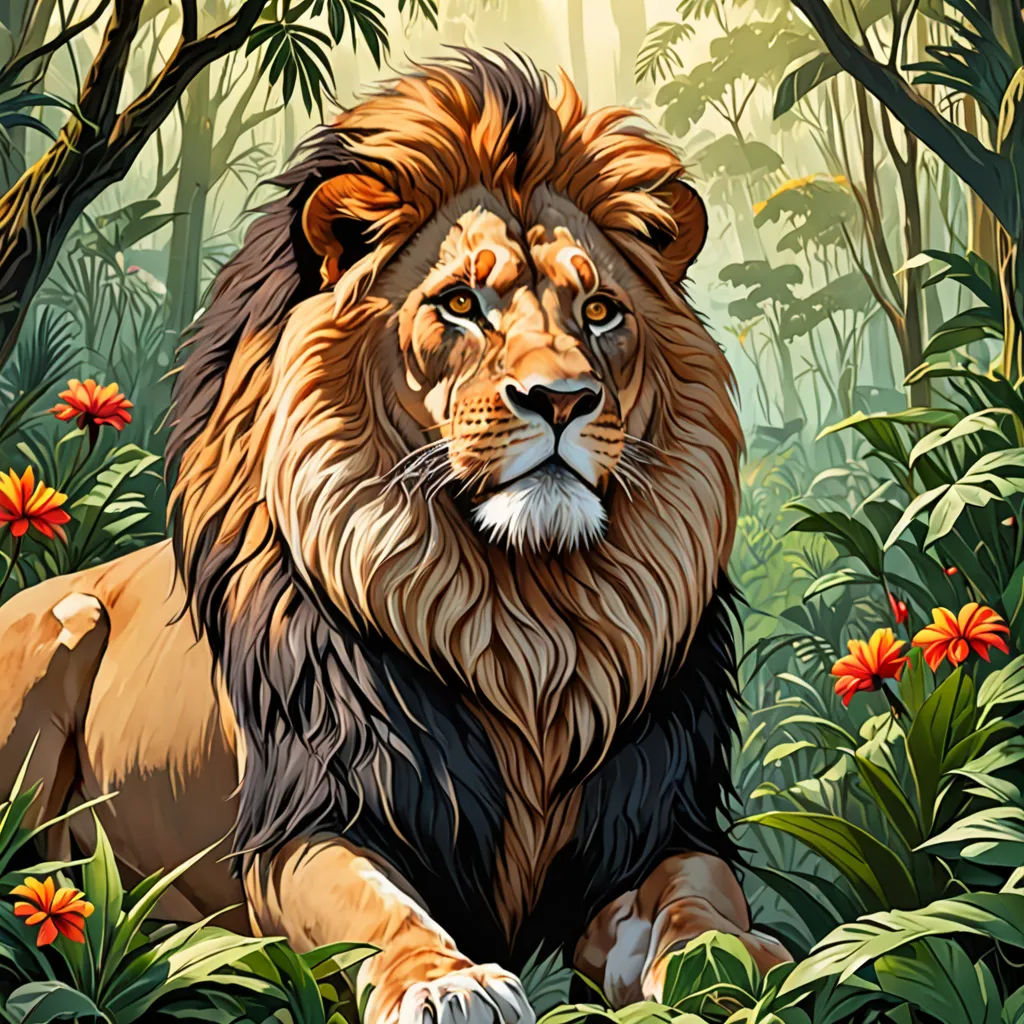 a lion laying in the middle of a jungle with flowers and trees around it, with a sunbeam in the background, fantasy art, a digital painting, Chris LaBrooy, highly detailed digital painting
