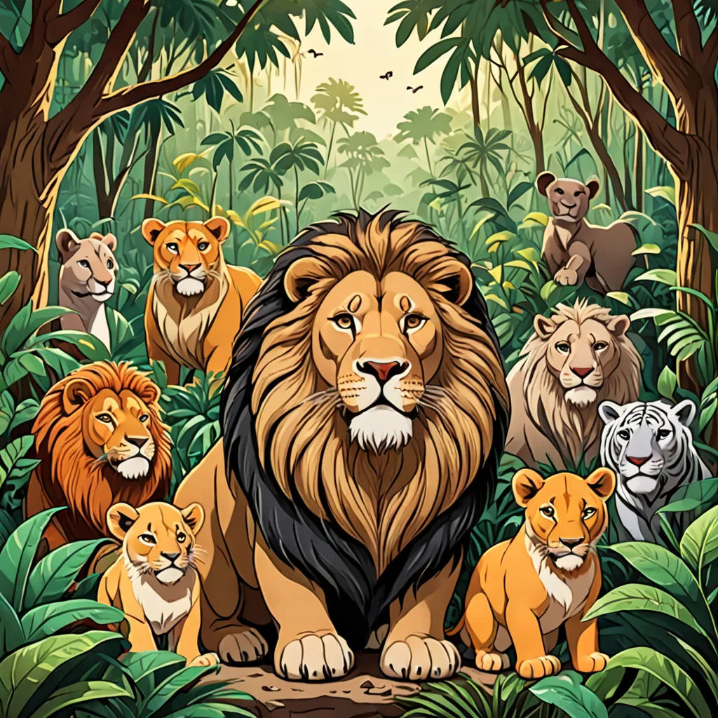 a group of lions in the jungle surrounded by trees and plants with a lion in the middle of the picture, lyco art, an album cover, Chris LaBrooy, poster