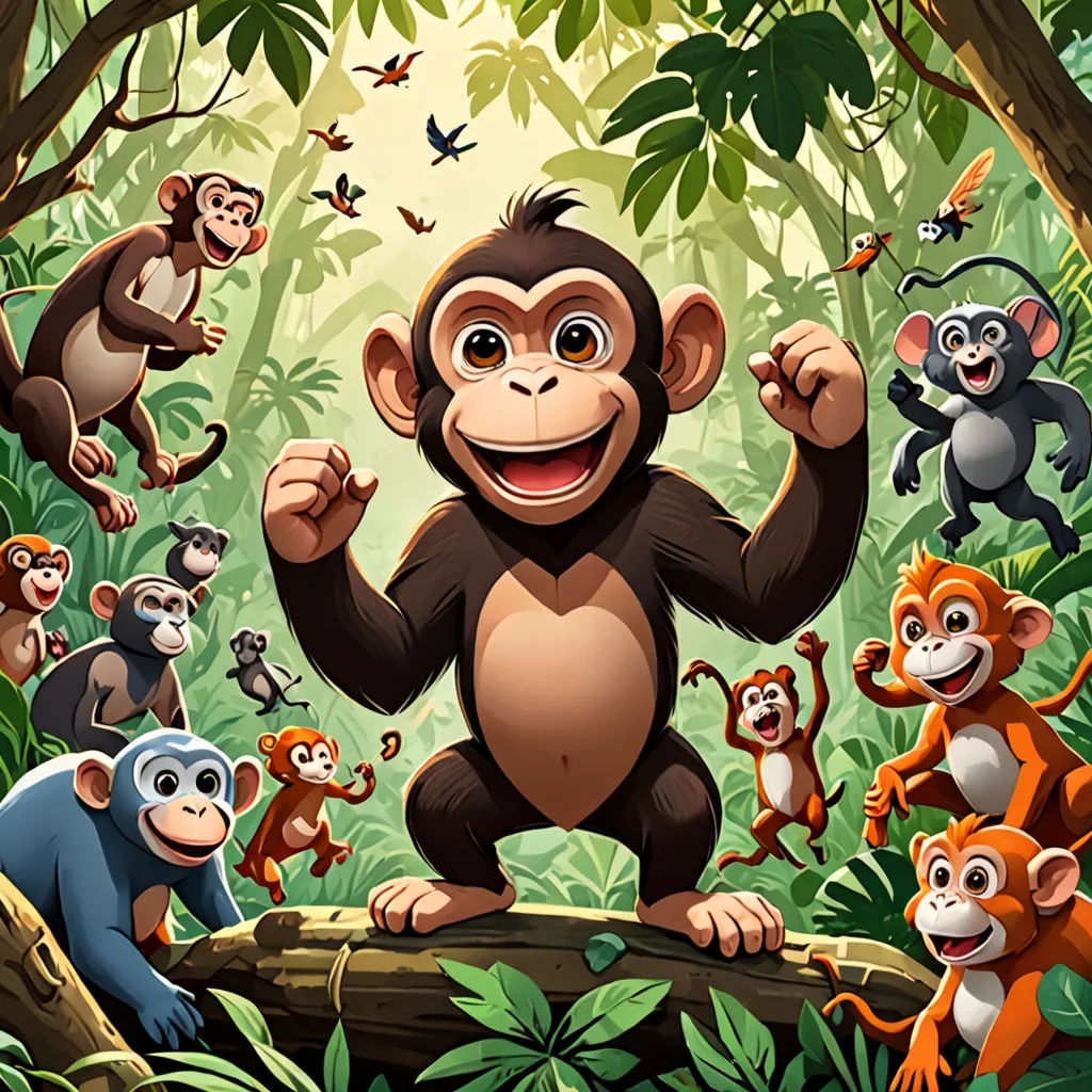 a group of monkeys standing on a tree branch in the jungle with a monkey holding a banana in the foreground, sumatraism, a storybook illustration, Alex Petruk APe, behance hd