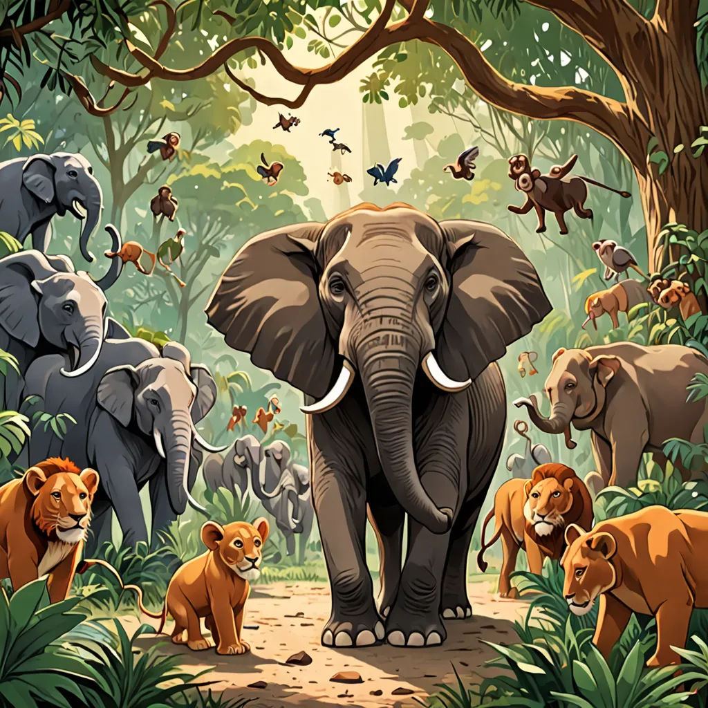a painting of a group of elephants in a jungle with many other animals around them, including a baby elephant, sumatraism, a storybook illustration, Chris LaBrooy, jungle